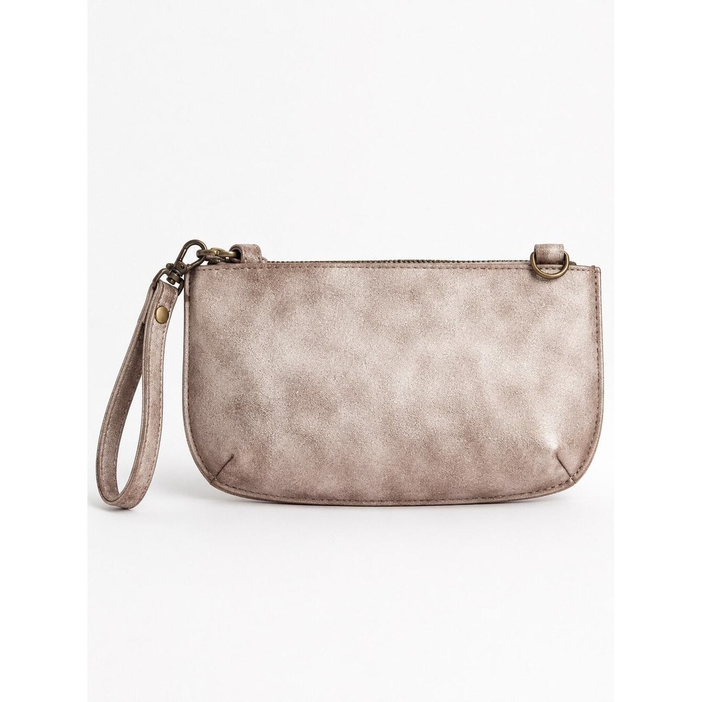 LOFT Metallic Rose Gold Wristlet Clutch Bag with Card Slots and Brass Hardware